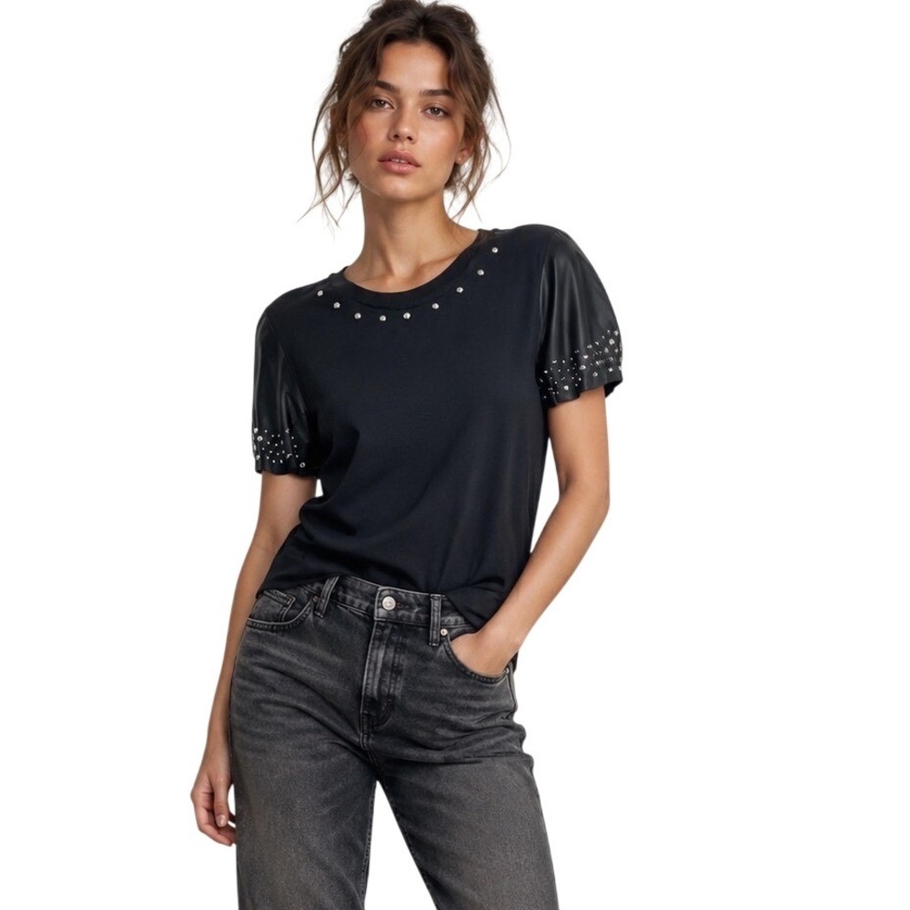 Diesel Black Sheepskin Leather Flutter Sleeves Studded Top Shirt Small